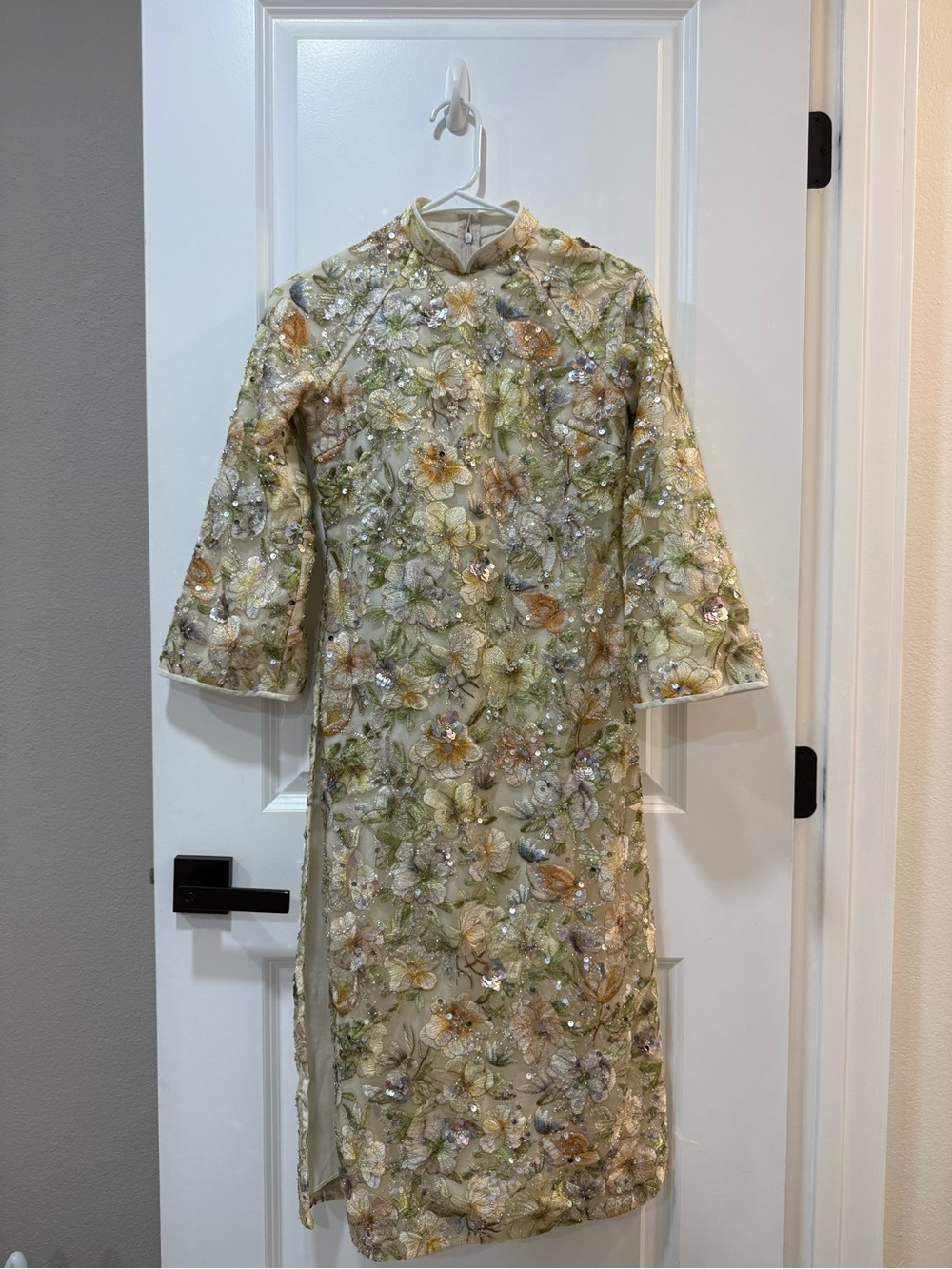 Girls' Embellished Floral Formal Dress in Cream and Green - Ao Dai